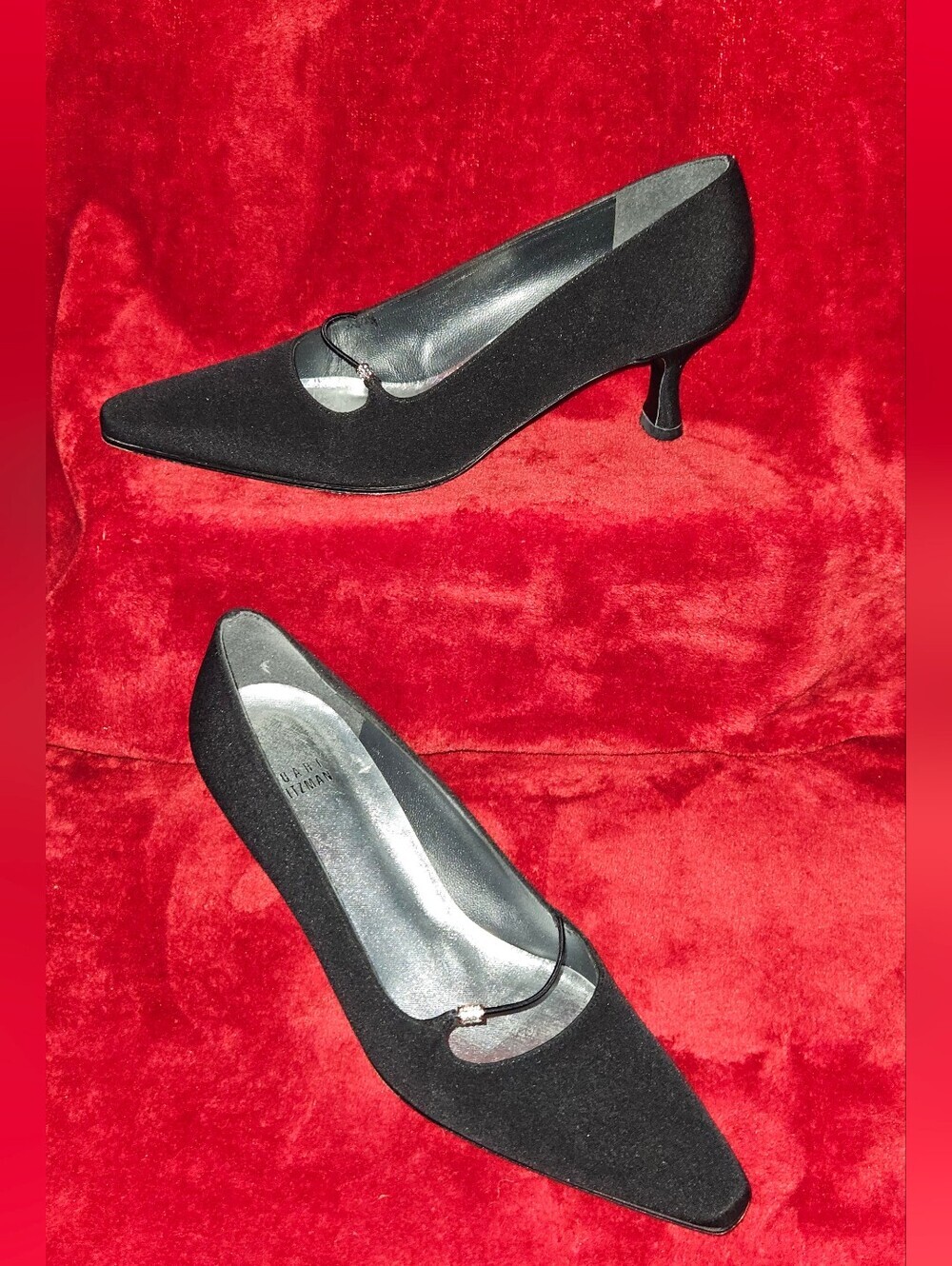 Stuart Weitzman Black Silk Kitten Heel Pump w/Thin Strap & Rhinestone -Size 6.5